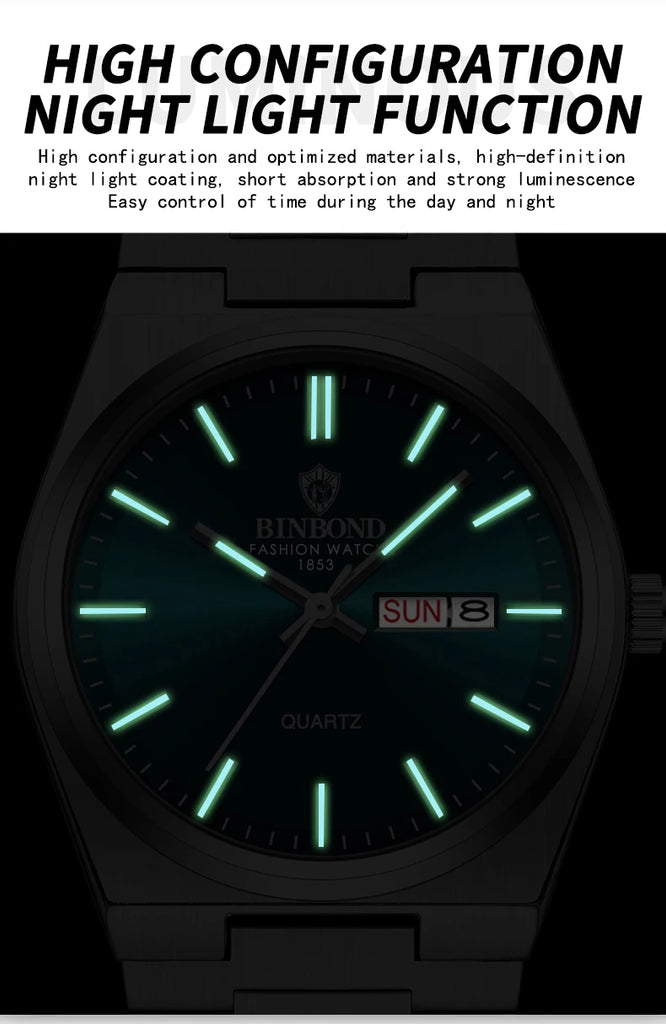 BINBOND Fashion New Men Business Watch Leisure Quartz Stainless Steel Buckle Watches Waterproof Luminous Calendar Men's Watches