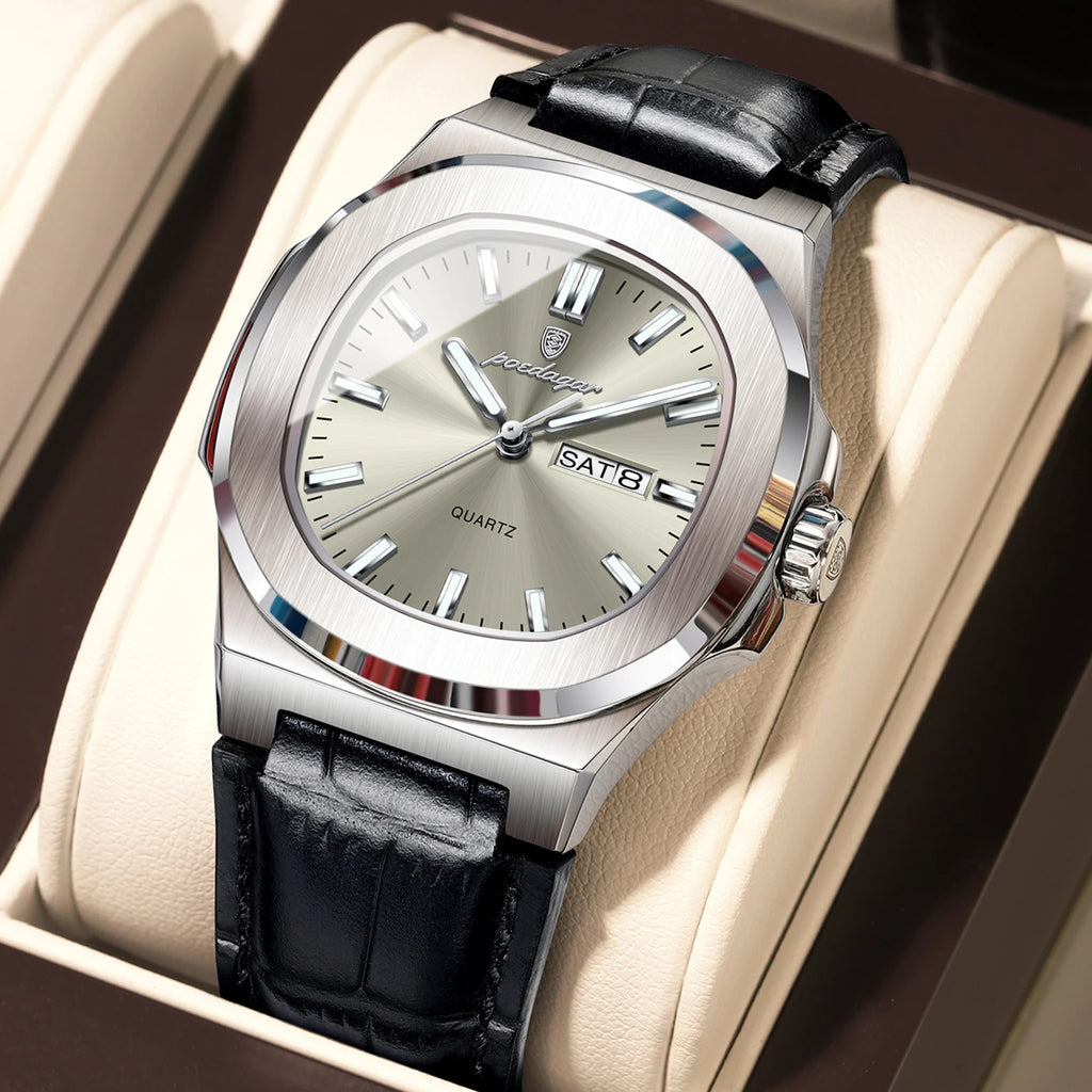 POEDAGAR High Quality Watch For Men Luxury Luminous Waterproof Week Calendar Man Clock Leather Square Men's Quartz Watches Reloj