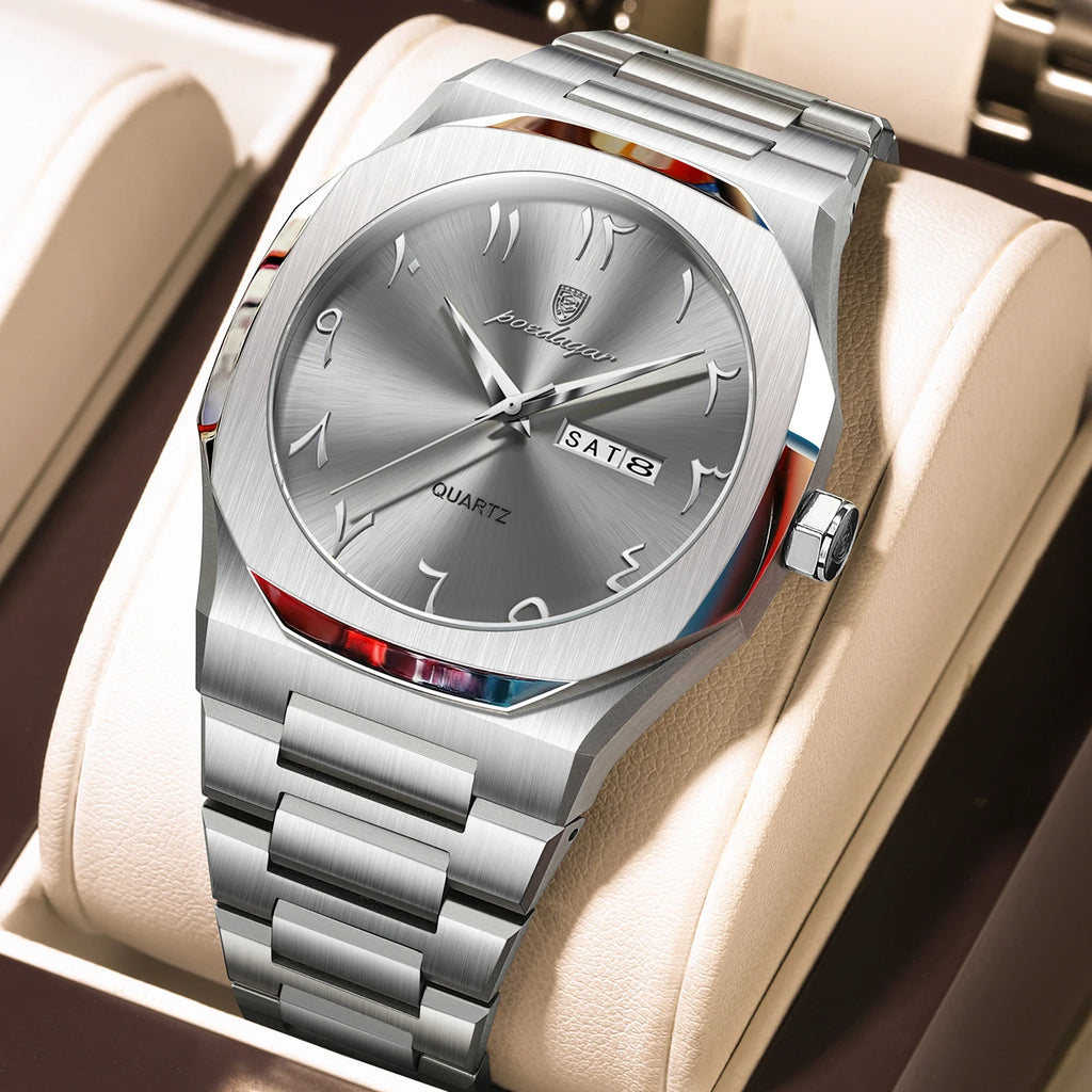 POEDAGAR Military Watch For Men Waterproof Luxury Week Calendar Man Wristwatch Quartz Stainless Steel Fashion Men's Watches Male