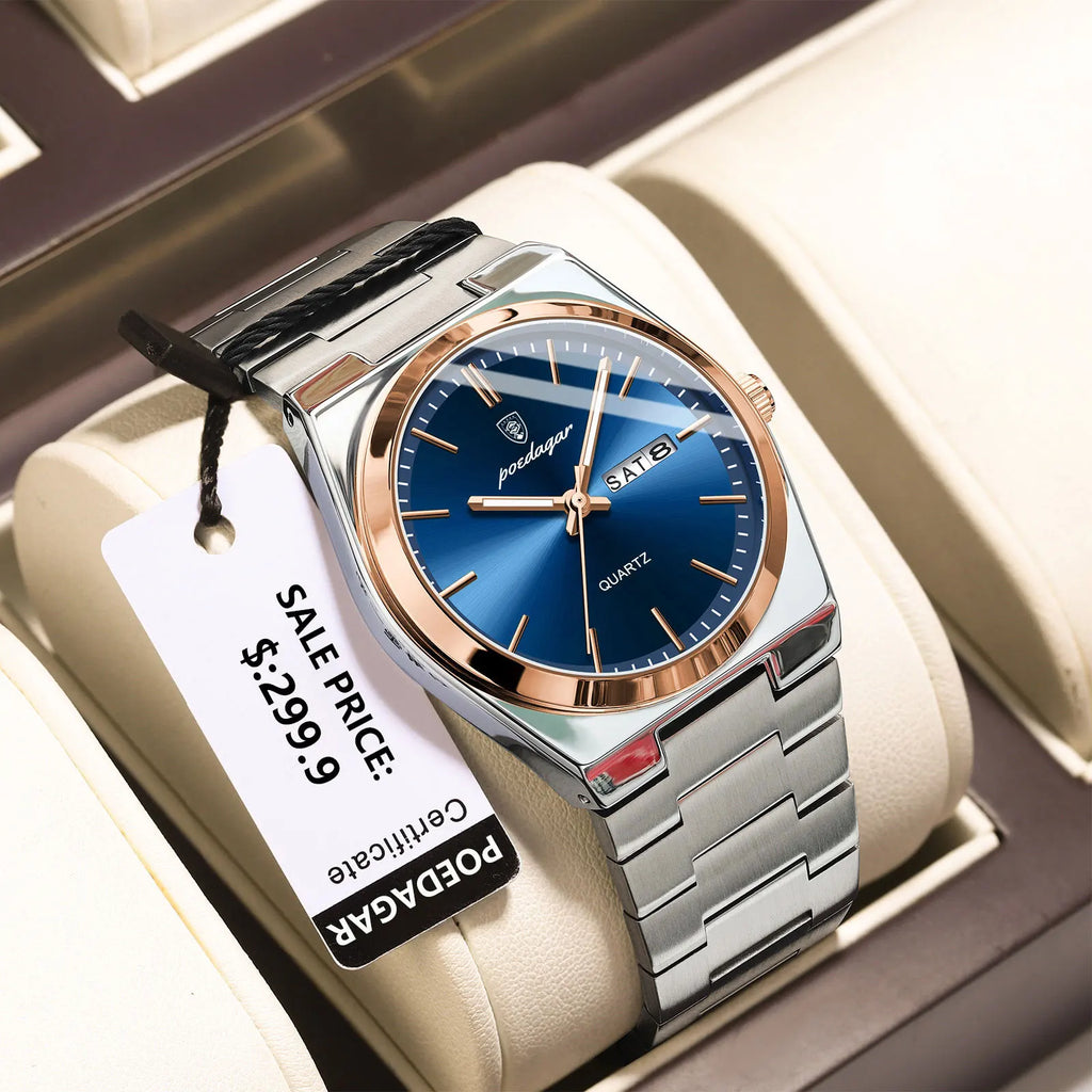 POEDAGAR Luxury Watches For Men Stainless Steel Waterproof Luminous Man Watch Date Week Fashion Casual Men's Quartz Watch Reloj
