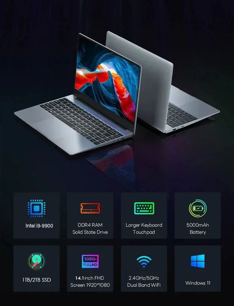 LENO 14.1" Ultra Slim Laptop Intel Core i9-9900 32GB 2TB Gaming Computer PC Windows11 Gamer office Ultra Slim Notebook 1080P HD