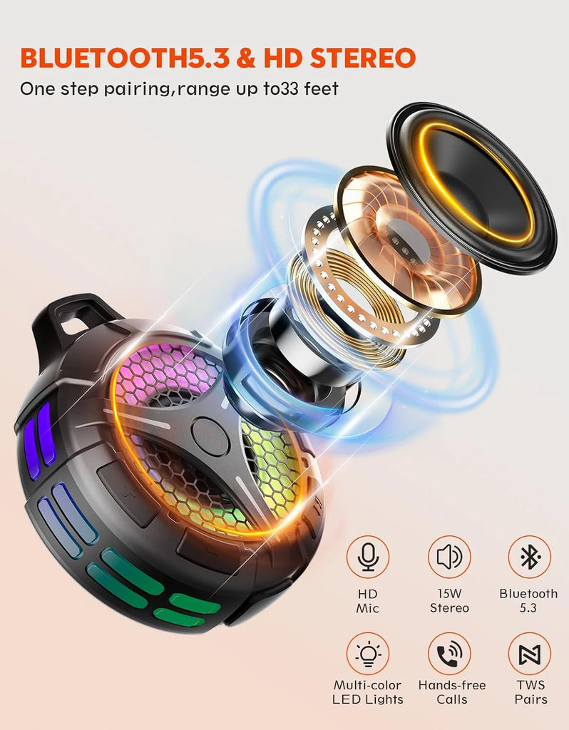 Bluetooth Shower Speaker, IP67 Waterproof Portable Speakers, Small Outdoor Speaker with LED Light, True Wireless Stereo for Home