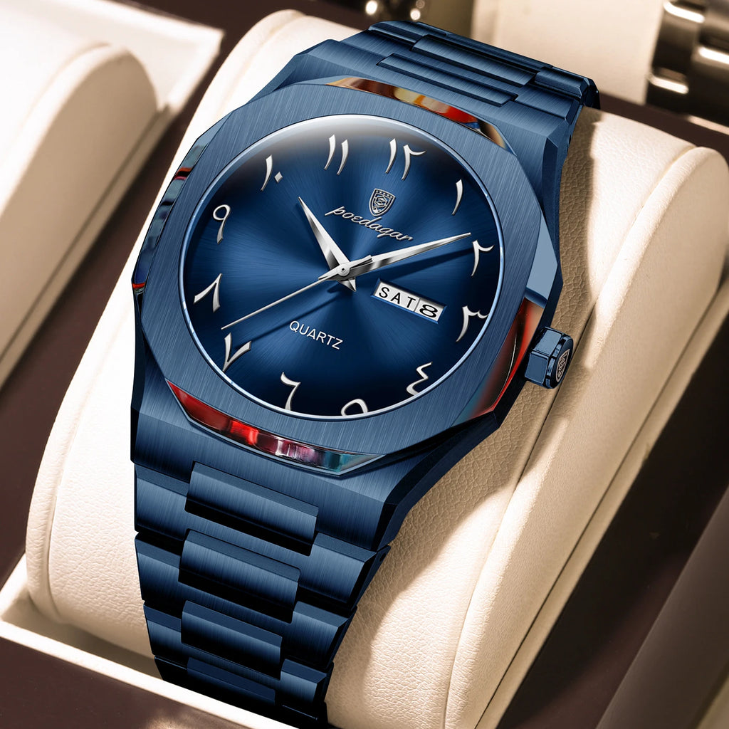 POEDAGAR Military Watch For Men Waterproof Luxury Week Calendar Man Wristwatch Quartz Stainless Steel Fashion Men's Watches Male