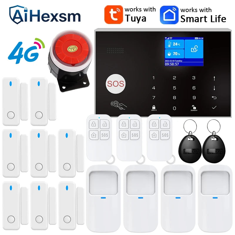 Home 4G GSM Alarm Security System 433MHz Wireless 2.4G WIFI Smart Alarm Kit Works with TUYA Smart Life APP Compatible with Alexa