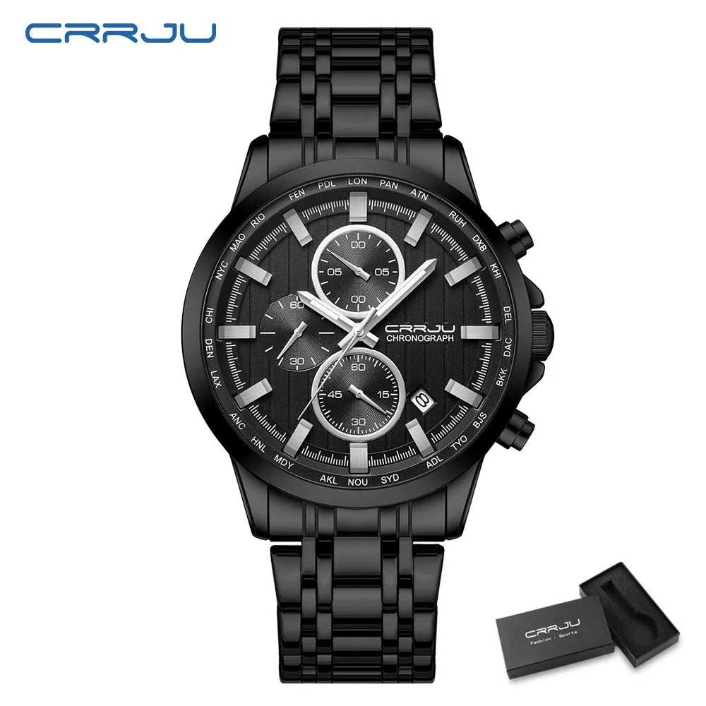 CRRJU Brand Creative Multifunction Male Wristwatch Date Display Stainless steel Men Quartz Watch Waterproof Sports Chronograph