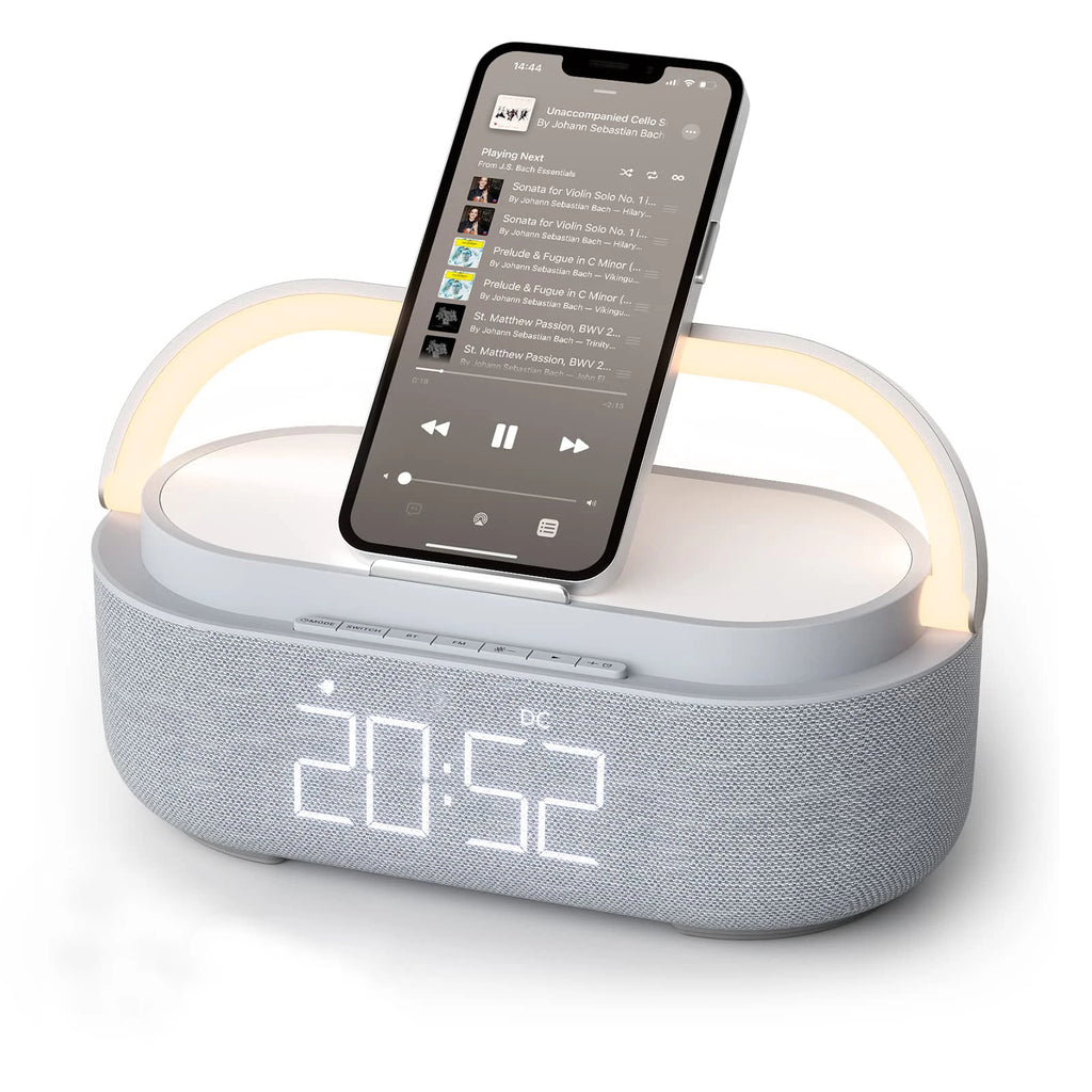 2500mAh Bluetooth Speaker with Wireless Charger, FM Radio & Dimmable Light - Portable Dual Speaker for Bedroom, Office & Gifts