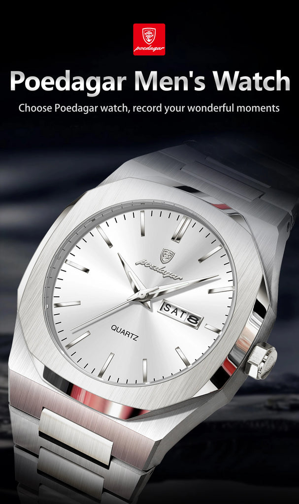 POEDAGAR Fashion Brand Male Wristwatch Waterproof Luminous Stainless Steel Men Clock Date Week Casual Quartz Men's Watches Reloj