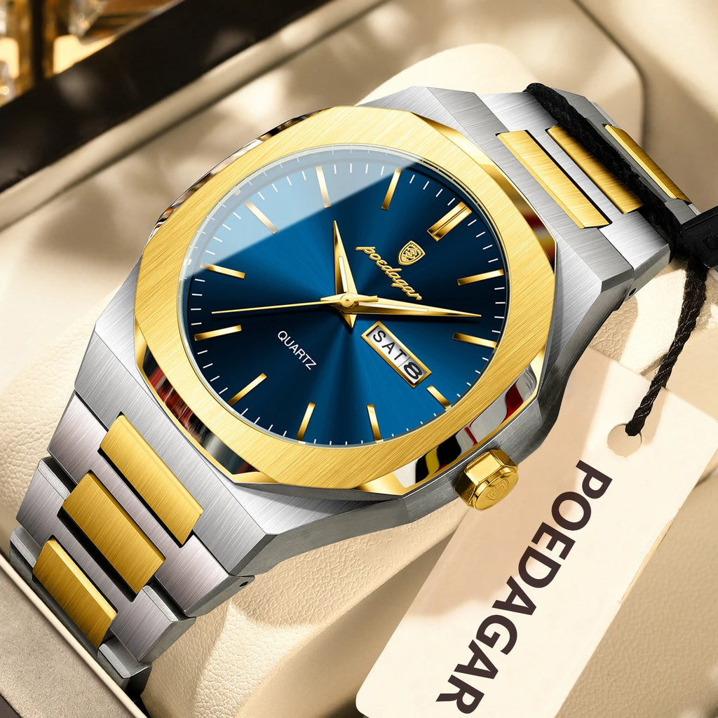 POEDAGAR Fashion Brand Male Wristwatch Waterproof Luminous Stainless Steel Men Clock Date Week Casual Quartz Men's Watches Reloj