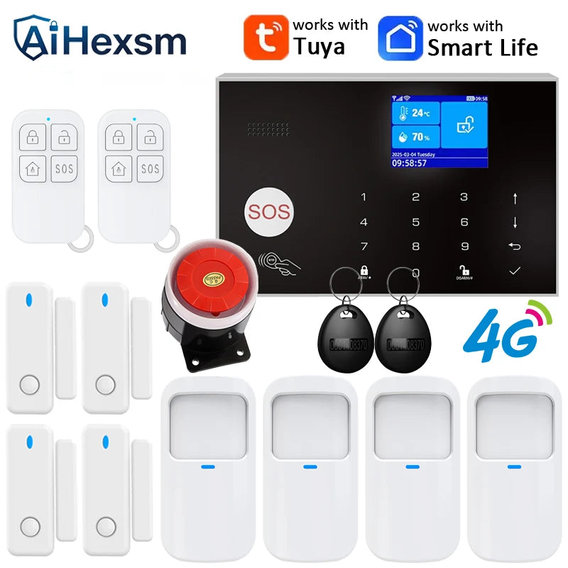 Home 4G GSM Alarm Security System 433MHz Wireless 2.4G WIFI Smart Alarm Kit Works with TUYA Smart Life APP Compatible with Alexa