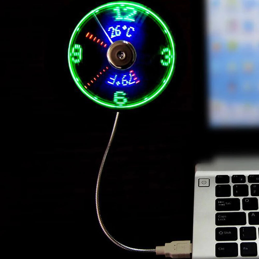 1pcs USB Gadget Mini LED Light USB Fan Desktop Time Display Adjustable Flexible with Realtime Clock new