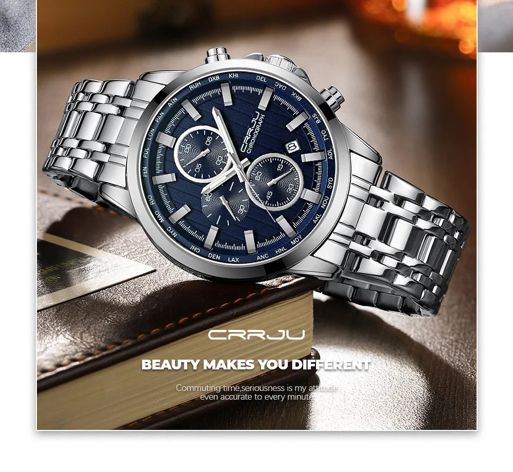 CRRJU Brand Creative Multifunction Male Wristwatch Date Display Stainless steel Men Quartz Watch Waterproof Sports Chronograph