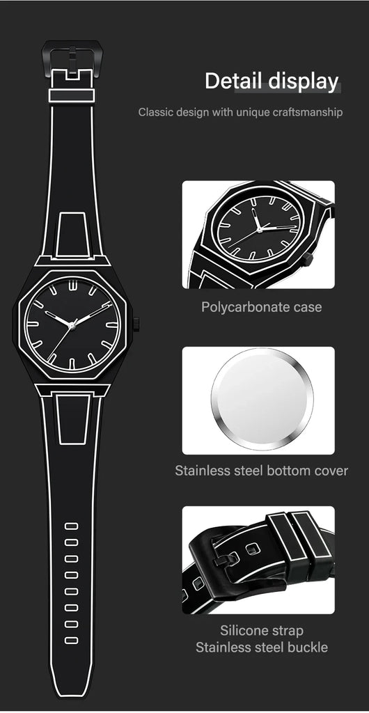 Lightweight Polycarbonate case high tech black men's watch classic simple silicone strap men's quartz watch fashion style clock