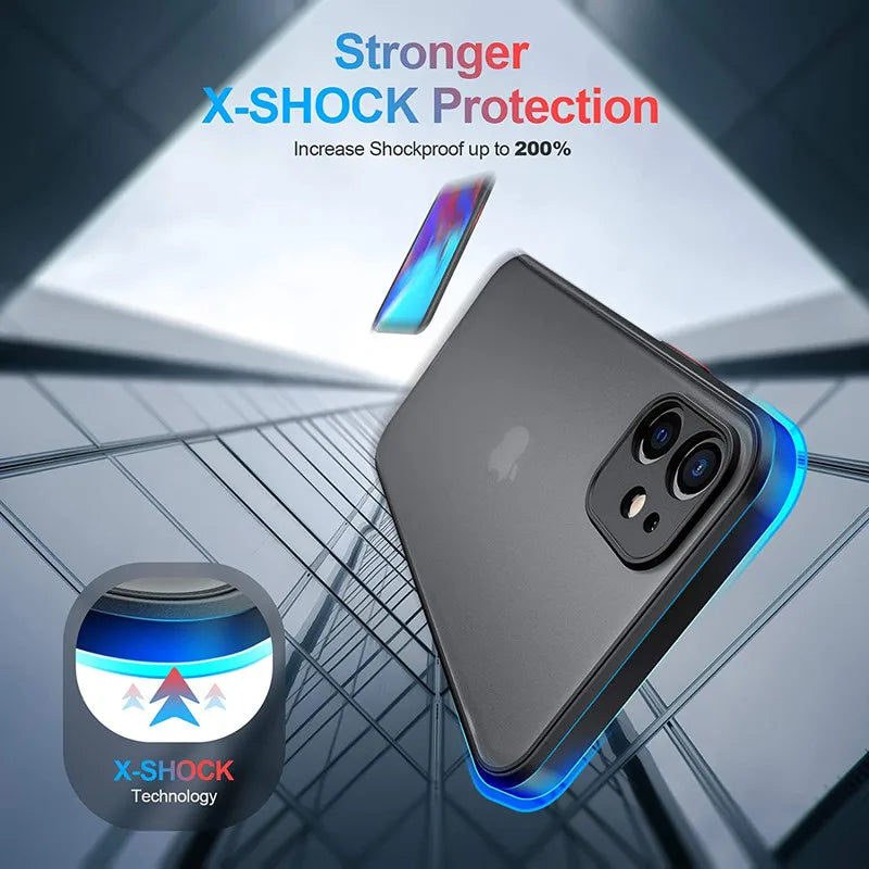 Shockproof Armor Matte Case For iPhone 11 12 13 14 15 16 Pro X XR XS Max 7 8Plus Luxury Silicone Bumper Clear Hard PC Cover Capa