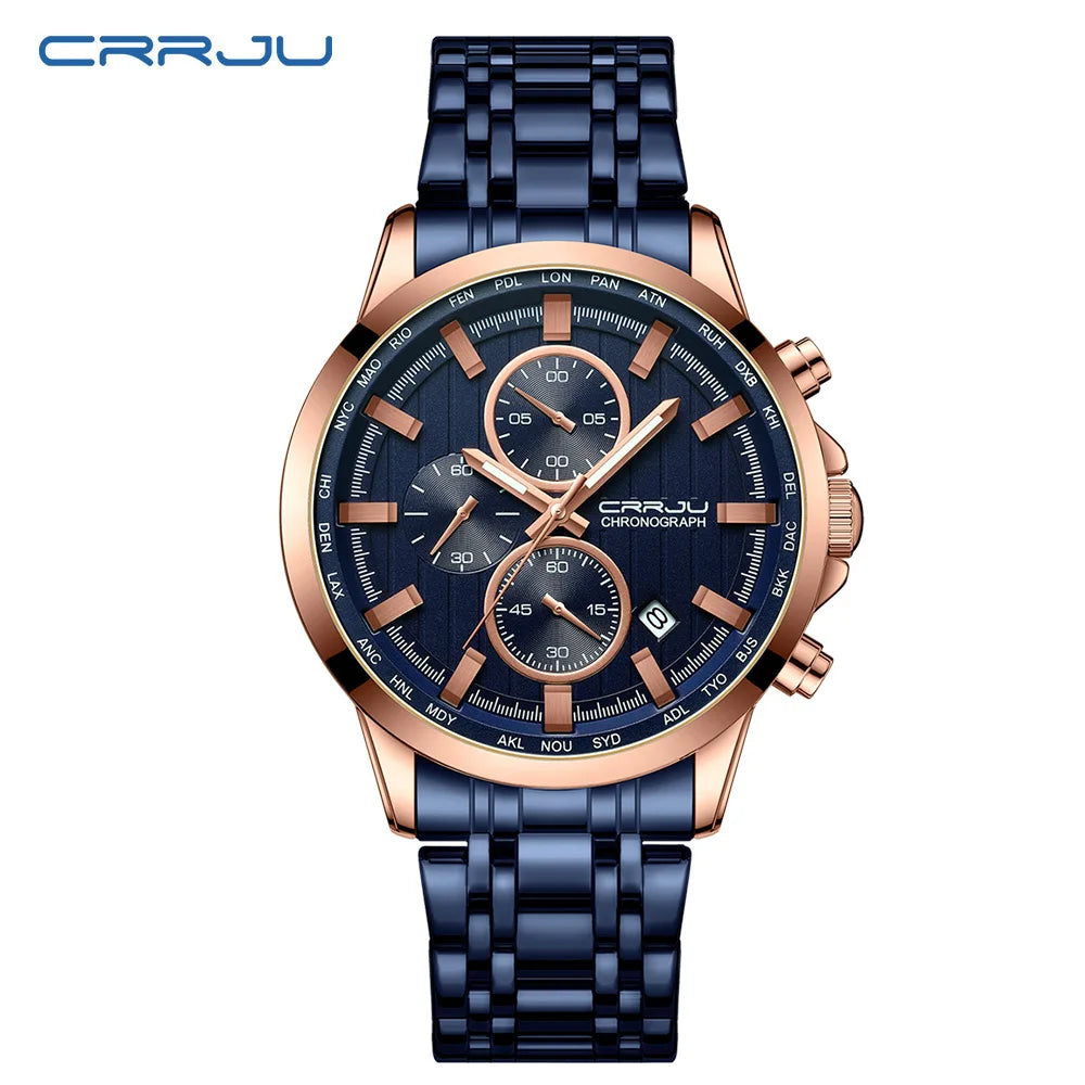 CRRJU Brand Creative Multifunction Male Wristwatch Date Display Stainless steel Men Quartz Watch Waterproof Sports Chronograph
