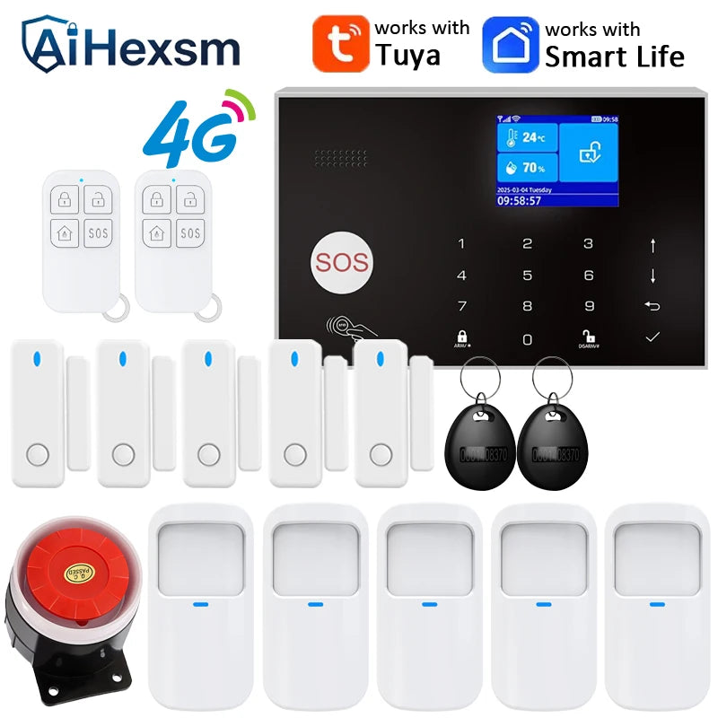 Home 4G GSM Alarm Security System 433MHz Wireless 2.4G WIFI Smart Alarm Kit Works with TUYA Smart Life APP Compatible with Alexa