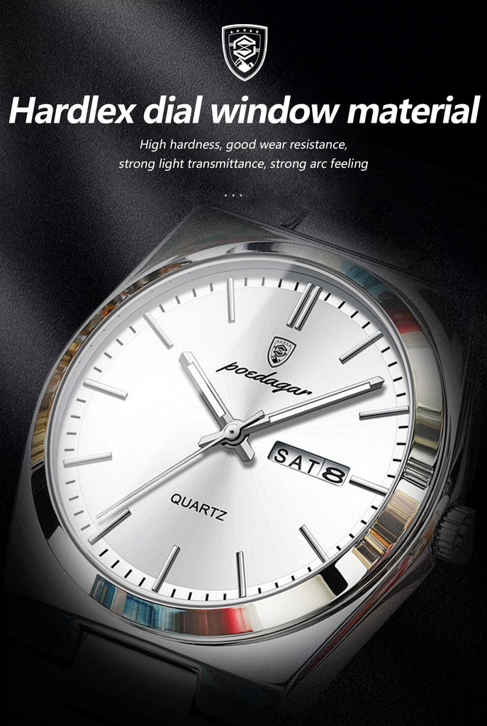POEDAGAR Luxury Business Man Wristwatch Waterproof Luminous Stainless Steel Men Watch Date Week Fashion Quartz Men's Watches+Box