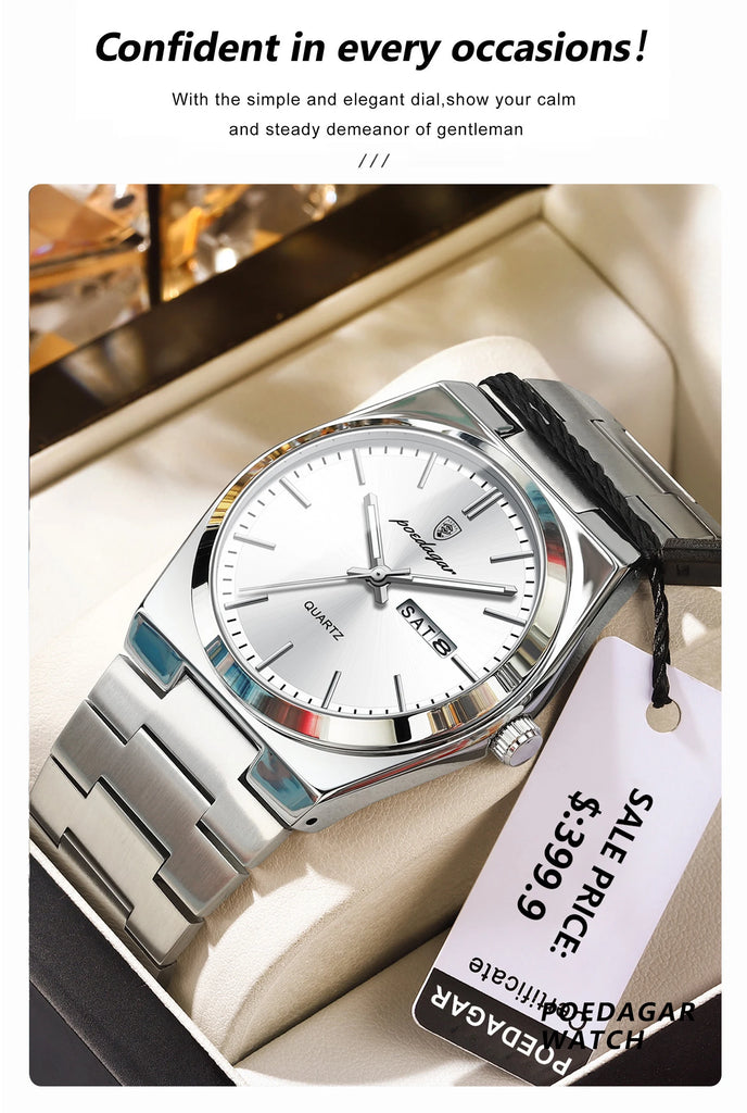 POEDAGAR Luxury Business Man Wristwatch Waterproof Luminous Stainless Steel Men Watch Date Week Fashion Quartz Men's Watches+Box