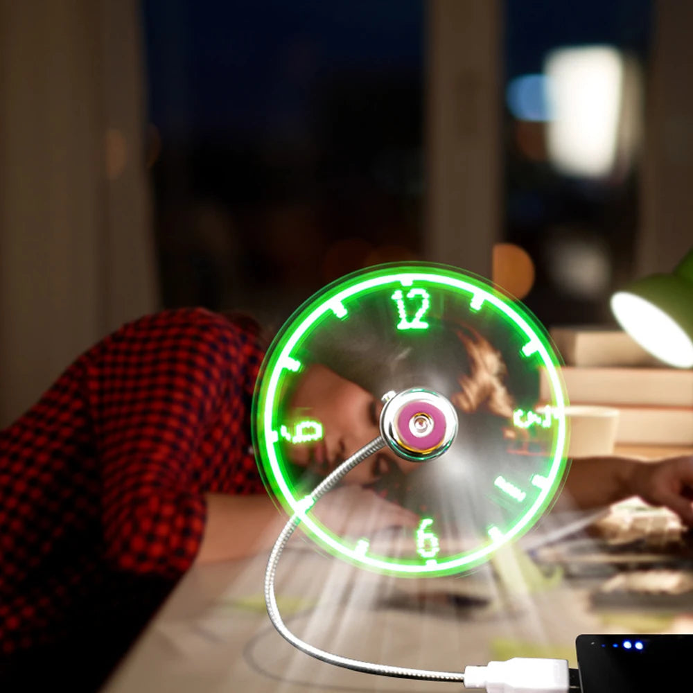 1pcs USB Gadget Mini LED Light USB Fan Desktop Time Display Adjustable Flexible with Realtime Clock new