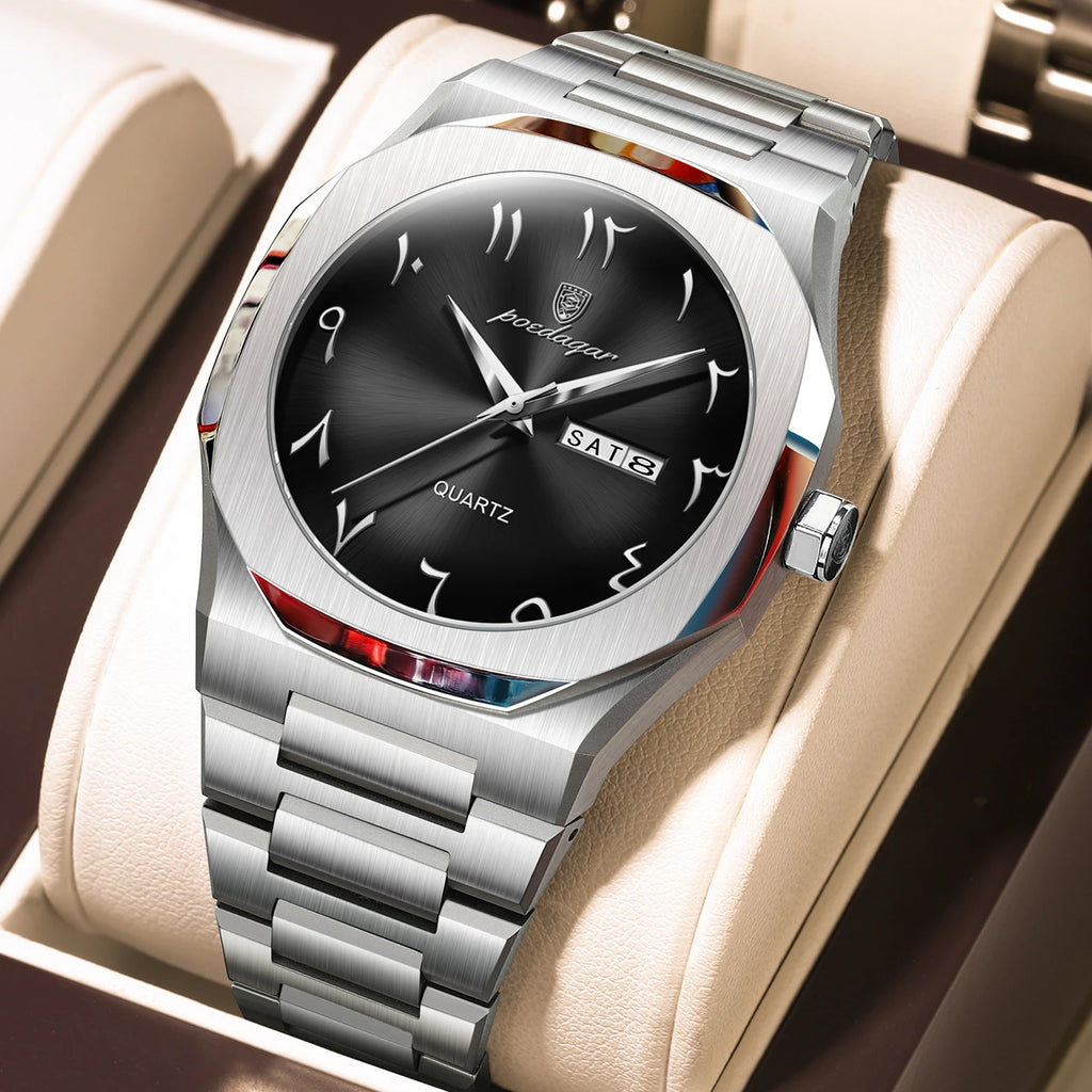 POEDAGAR Military Watch For Men Waterproof Luxury Week Calendar Man Wristwatch Quartz Stainless Steel Fashion Men's Watches Male