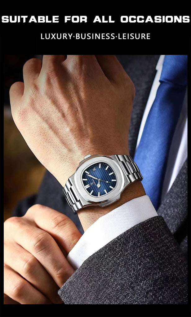 POEDAGAR Luxury Brand Men's Quartz Wristwatch Stainless Steel Waterproof Luminous Date Man Clock Square Business Watches For Men