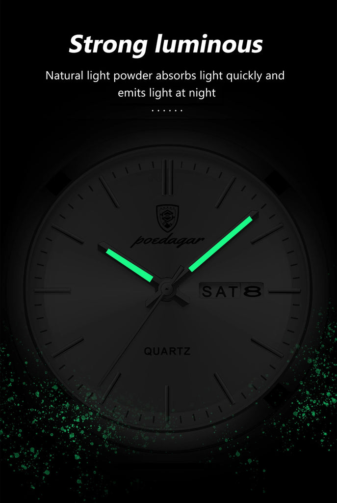 POEDAGAR Luxury Business Man Wristwatch Waterproof Luminous Stainless Steel Men Watch Date Week Fashion Quartz Men's Watches+Box