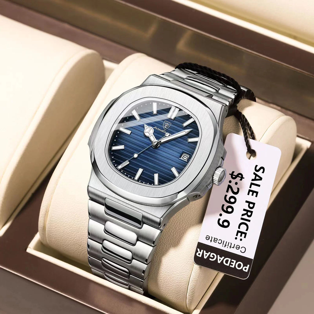 POEDAGAR Luxury Brand Men's Quartz Wristwatch Stainless Steel Waterproof Luminous Date Man Clock Square Business Watches For Men