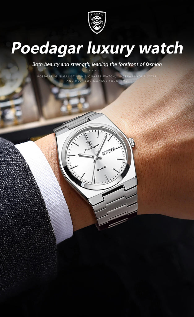 POEDAGAR Luxury Business Man Wristwatch Waterproof Luminous Stainless Steel Men Watch Date Week Fashion Quartz Men's Watches+Box