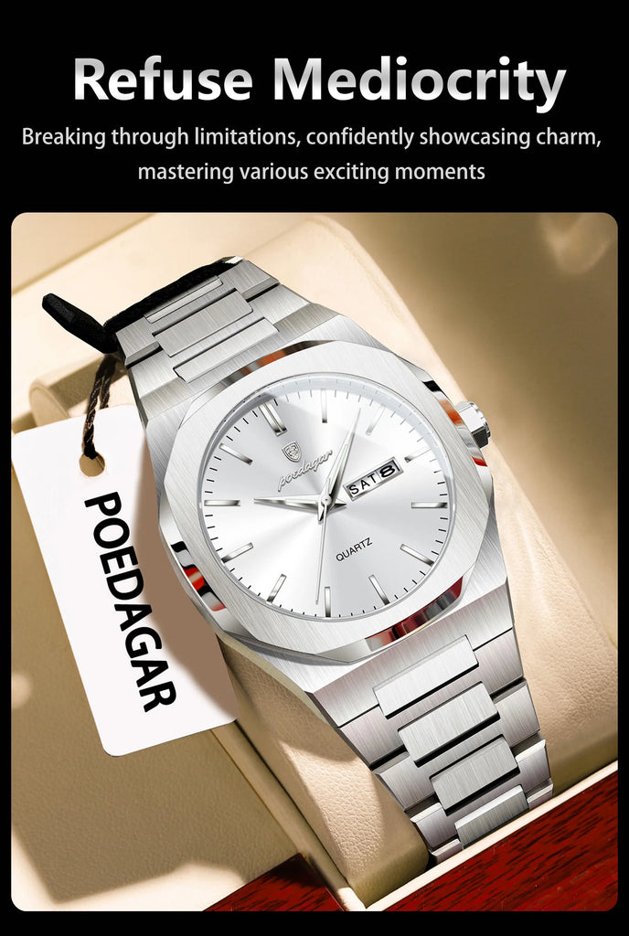 POEDAGAR Fashion Brand Male Wristwatch Waterproof Luminous Stainless Steel Men Clock Date Week Casual Quartz Men's Watches Reloj