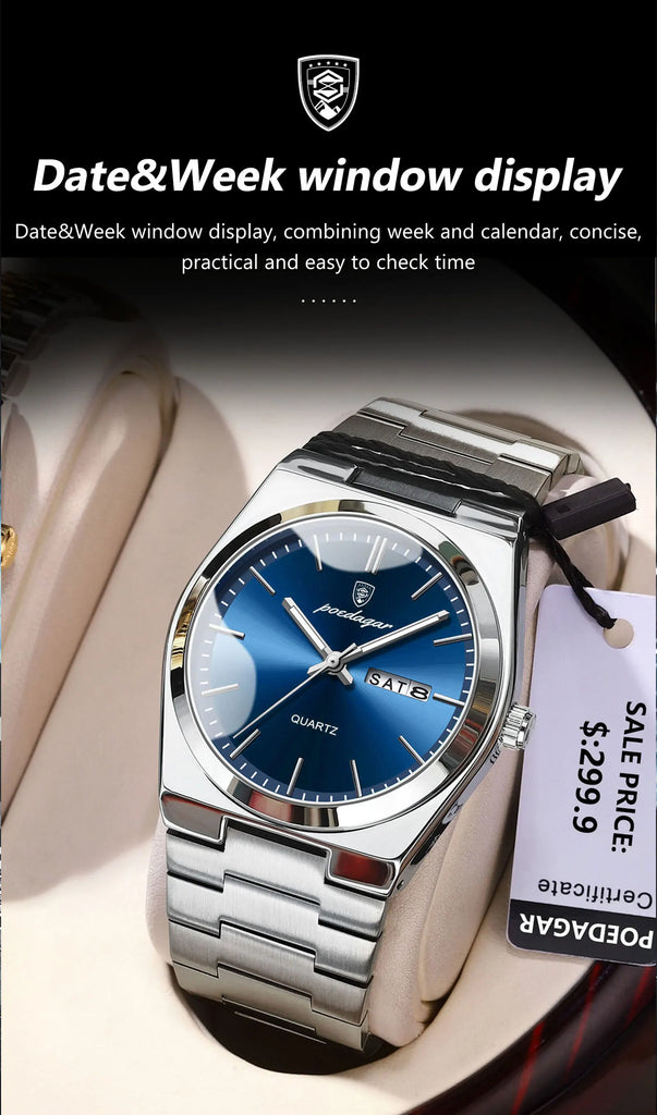 POEDAGAR Luxury Business Watches For Men Date Week Stainless Steel Waterproof Luminous Man Watch High Quality Quartz Men's Watch