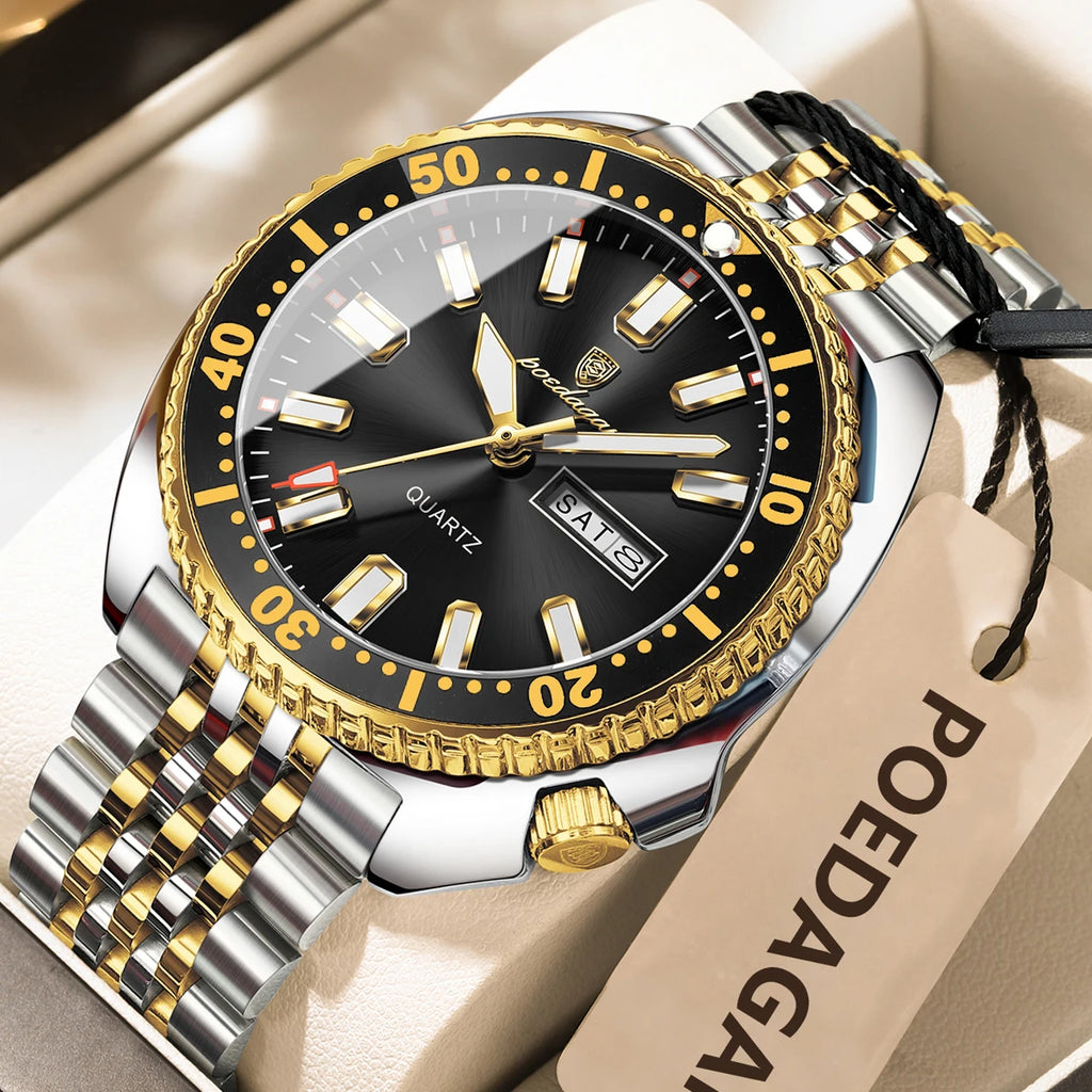 POEDAGAR Business Men Watch Date Week Waterproof Luminous Luxury Man Wristwatch Sports Stainless Steel Men's Quartz Watches Male