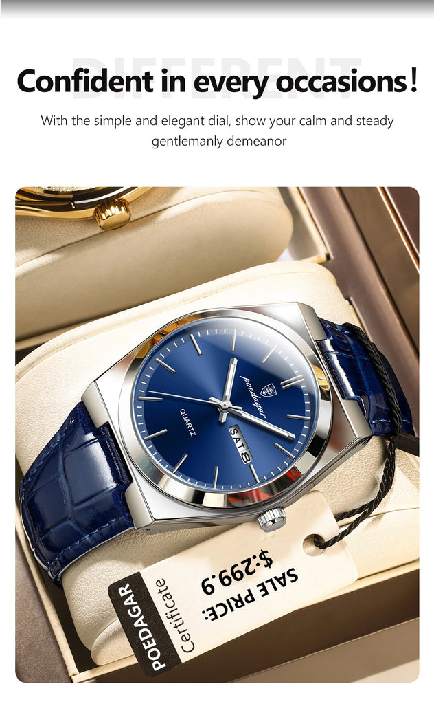 POEDAGAR Luxury Trend Men Watch Waterproof Luminous Date Week Man Wristwatch Military Outdoor Leather Men's Quartz Watches Reloj