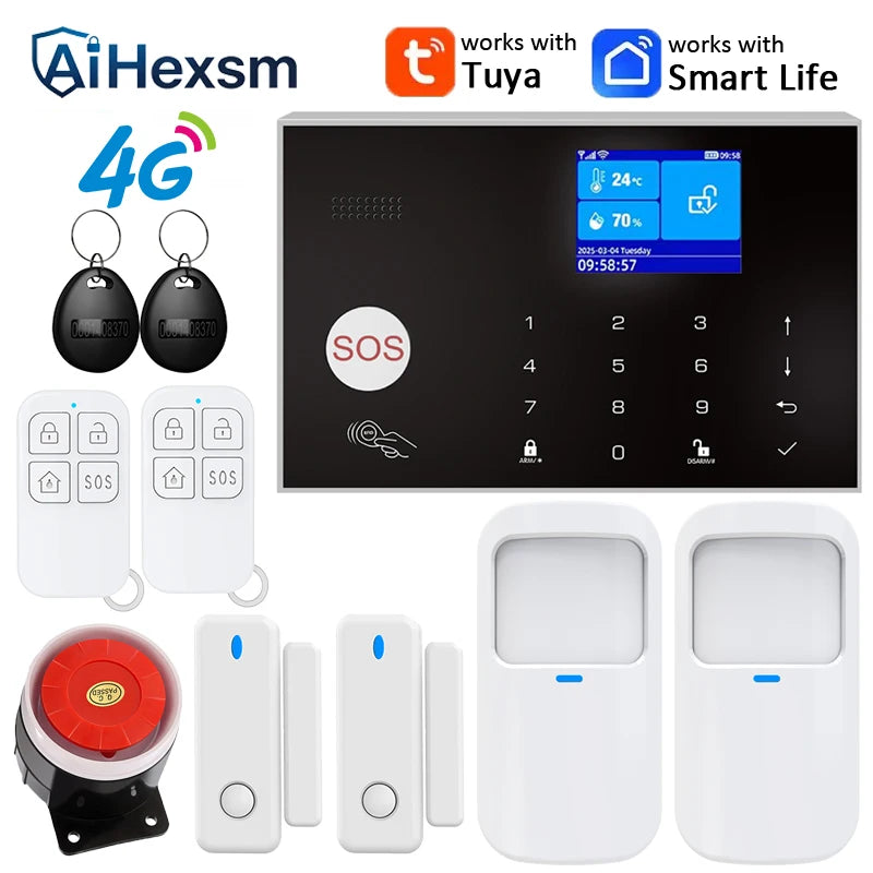 Home 4G GSM Alarm Security System 433MHz Wireless 2.4G WIFI Smart Alarm Kit Works with TUYA Smart Life APP Compatible with Alexa