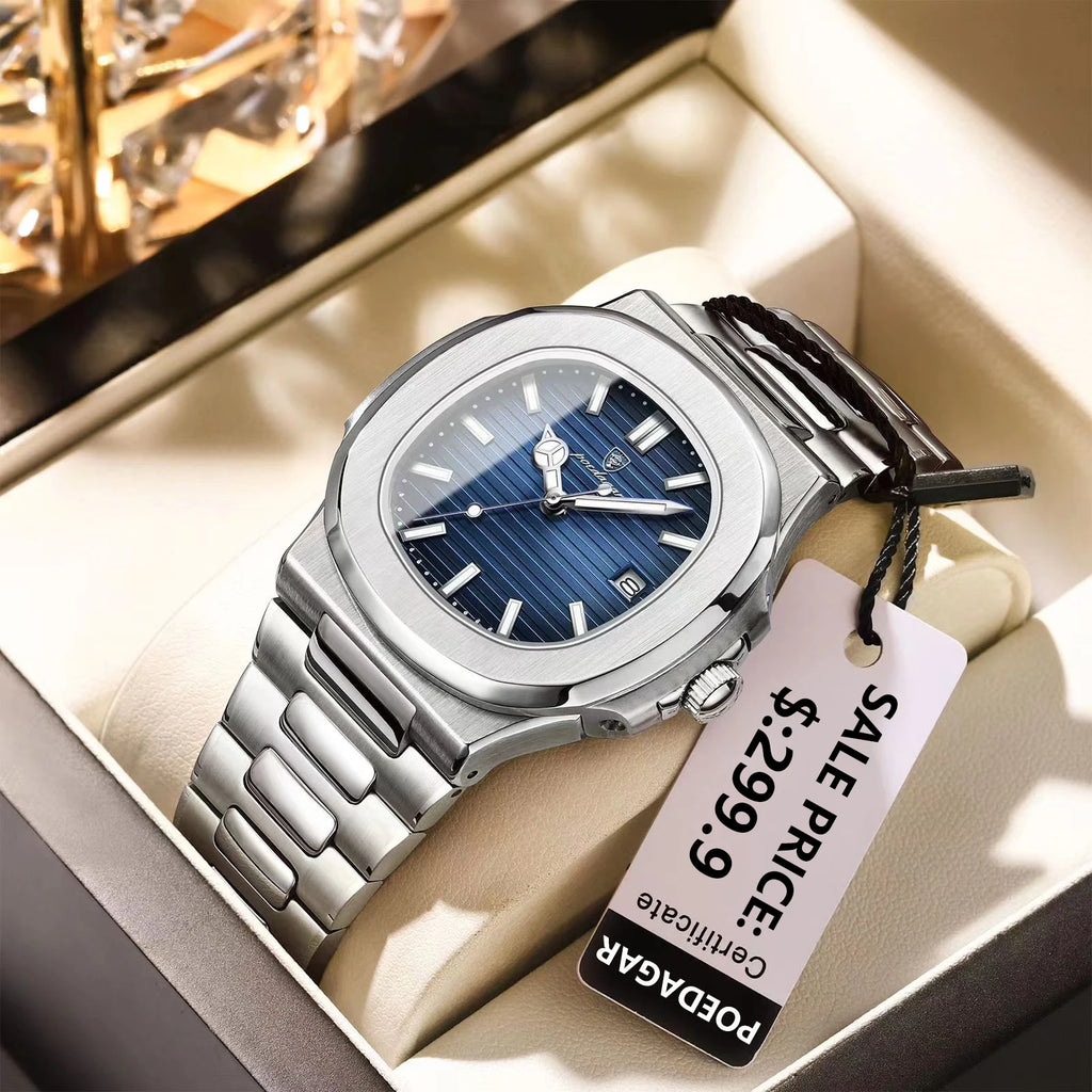 POEDAGAR Luxury Brand Men's Quartz Wristwatch Stainless Steel Waterproof Luminous Date Man Clock Square Business Watches For Men