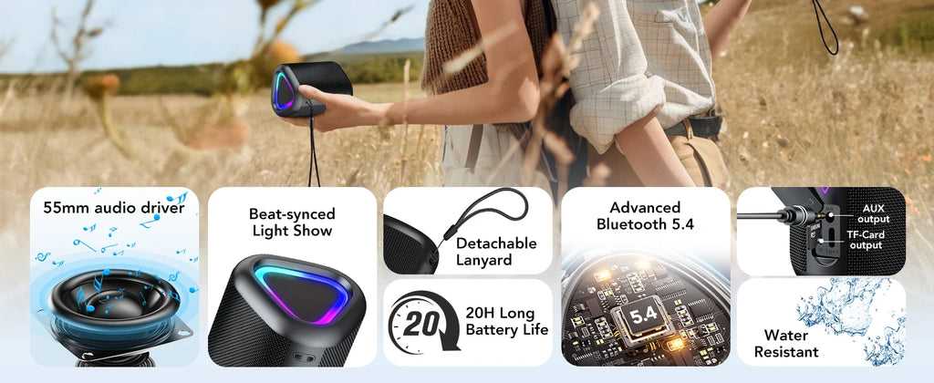 Bluetooth Speaker, 2026 Portable Wireless Speakers with Led Light, Bluetooth 5.4, 24H Playtime, Enhanced Bass, IPX7 Waterproof