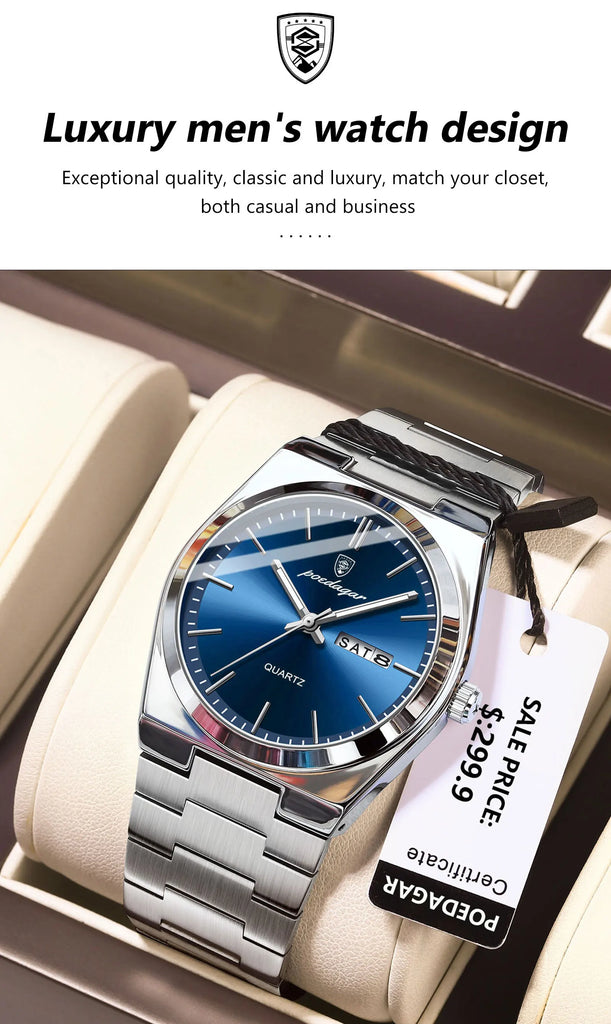 POEDAGAR High Quality Watches For Men Stainless Steel Waterproof Luminous Man Watch Date Week Luxury Business Quartz Men's Watch