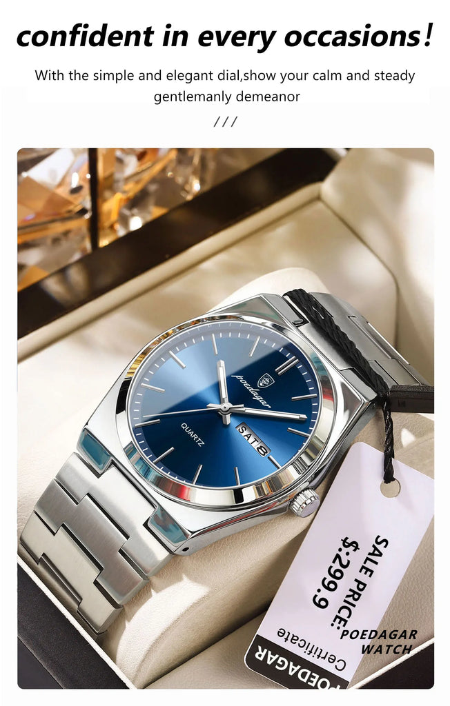 POEDAGAR Luxury Business Watches For Men Date Week Stainless Steel Waterproof Luminous Man Watch High Quality Quartz Men's Watch