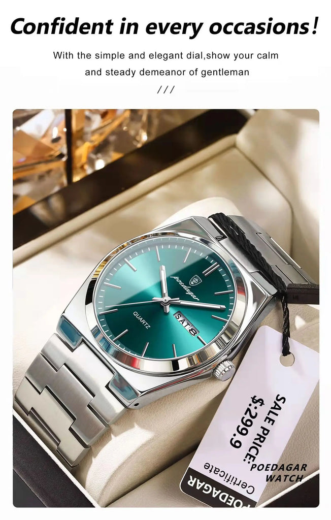 POEDAGAR Luxury Sport Quartz Man Wristwatch Waterproof Luminous Date Week Men Watches Stainless Steel Men's Watch Male Reloj+box