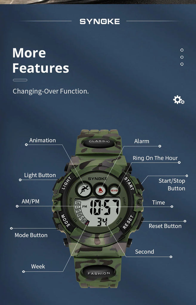 SYNOKE Student Sport Watches For Kids Colorful Electronic Watches 50M Waterproof Clock Children Digital Watch For Boys Girls