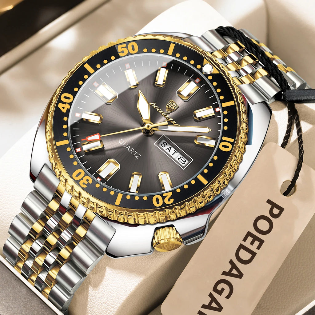 POEDAGAR Business Men Watch Date Week Waterproof Luminous Luxury Man Wristwatch Sports Stainless Steel Men's Quartz Watches Male