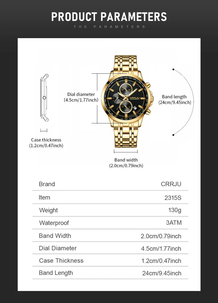 CRRJU Brand Creative Multifunction Male Wristwatch Date Display Stainless steel Men Quartz Watch Waterproof Sports Chronograph