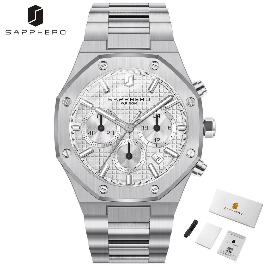 SAPPHERO Men's Watch Waterproof watch Chronograph function Date Glowing Hands Stainless Steel Watch Business  Watch For Men Gift