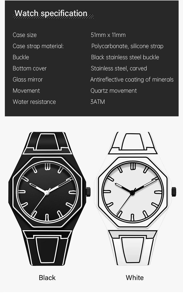 Lightweight Polycarbonate case high tech black men's watch classic simple silicone strap men's quartz watch fashion style clock