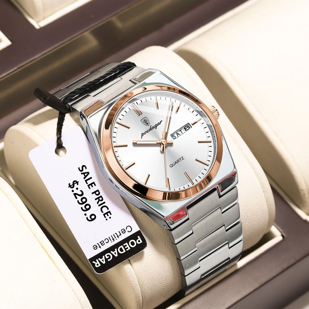 POEDAGAR Luxury Watches For Men Stainless Steel Waterproof Luminous Man Watch Date Week Fashion Casual Men's Quartz Watch Reloj