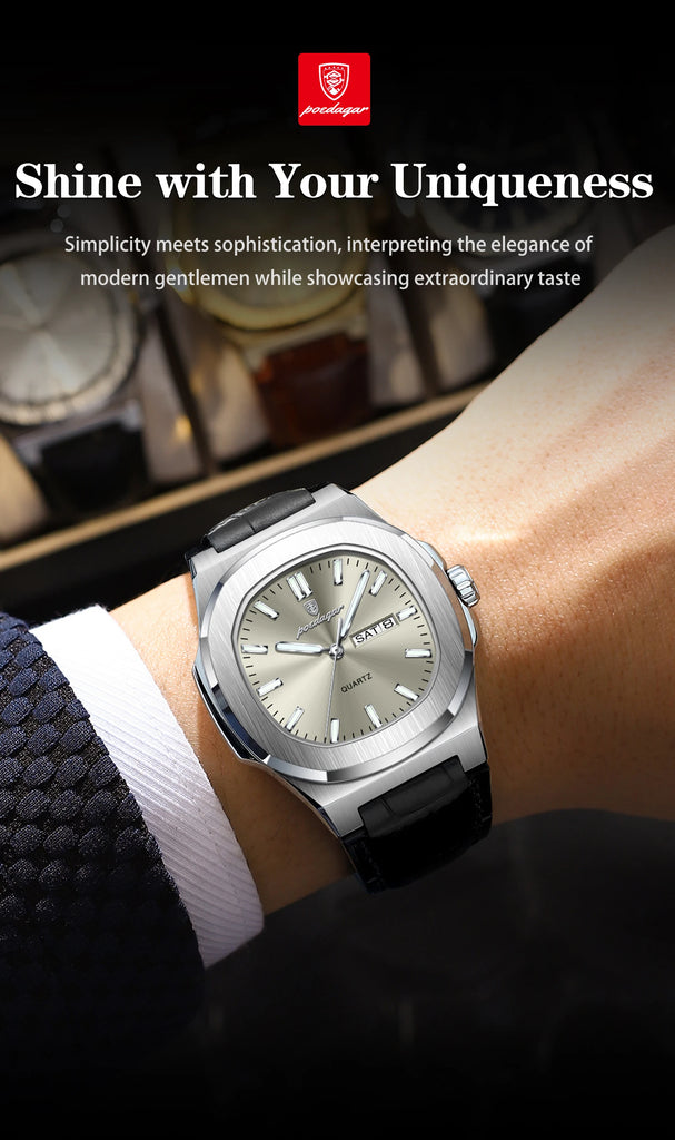 POEDAGAR High Quality Watch For Men Luxury Luminous Waterproof Week Calendar Man Clock Leather Square Men's Quartz Watches Reloj