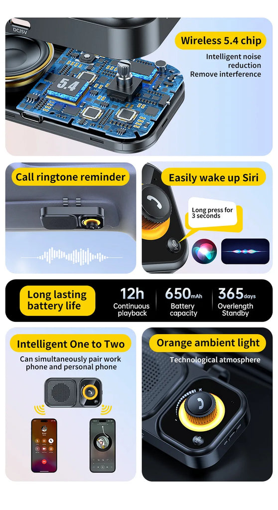 Bluetooth 5.4 Speaker Handsfree Car Kit Sun Visor Clip Wireless Audio Receiver Speakerphone Loud Music Player with Ambient Light