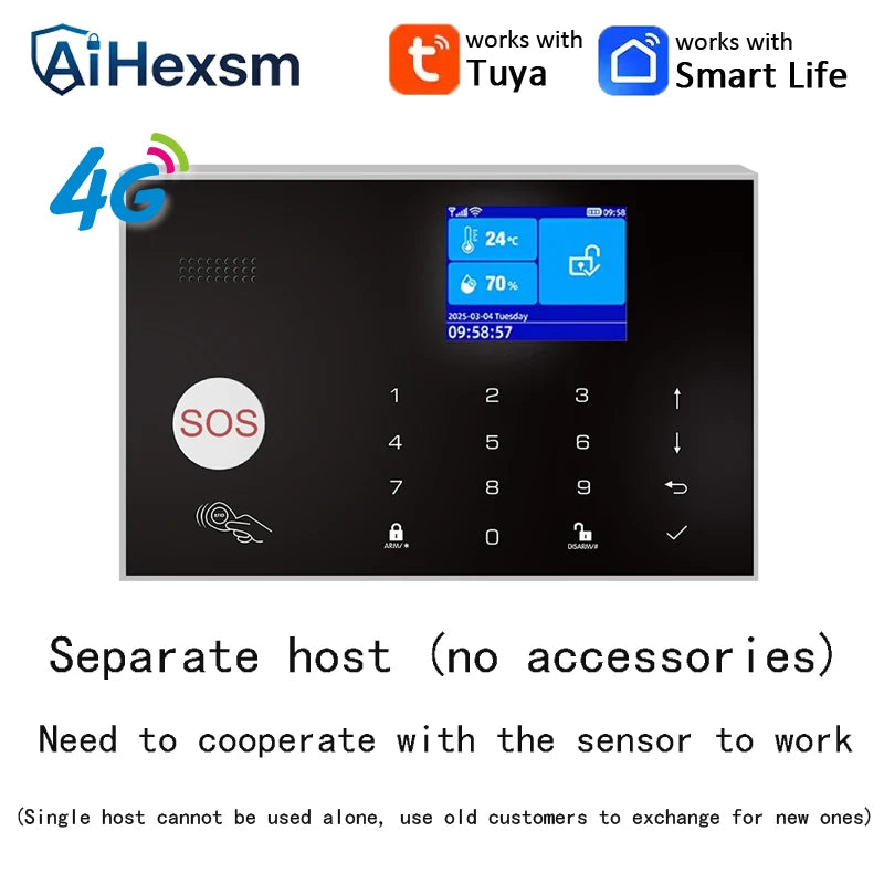 Home 4G GSM Alarm Security System 433MHz Wireless 2.4G WIFI Smart Alarm Kit Works with TUYA Smart Life APP Compatible with Alexa
