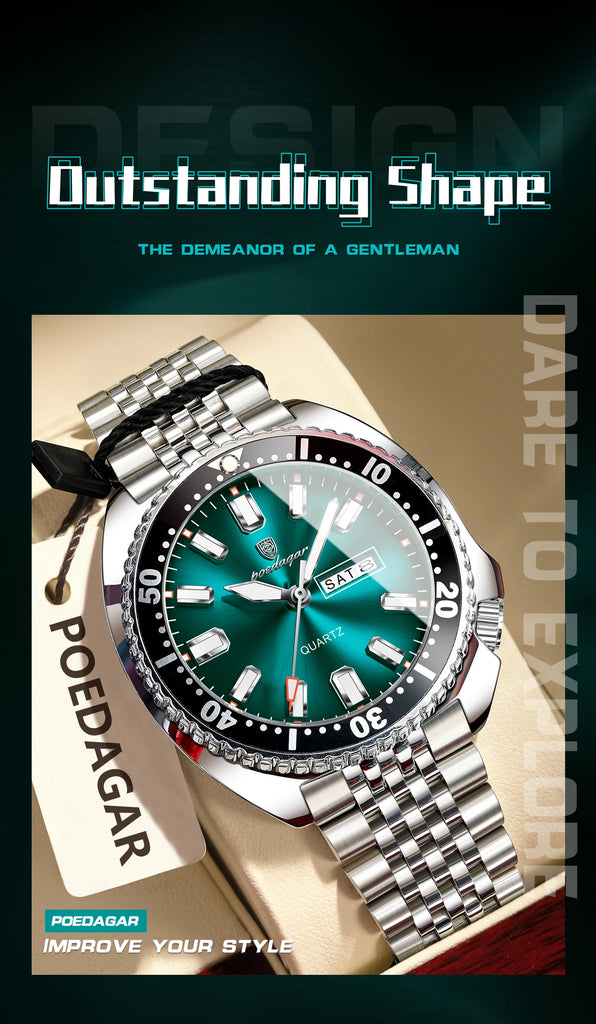 POEDAGAR Business Men Watch Date Week Waterproof Luminous Luxury Man Wristwatch Sports Stainless Steel Men's Quartz Watches Male