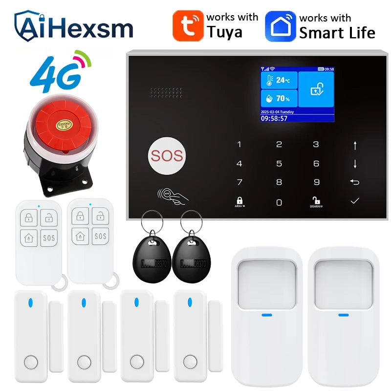 Home 4G GSM Alarm Security System 433MHz Wireless 2.4G WIFI Smart Alarm Kit Works with TUYA Smart Life APP Compatible with Alexa