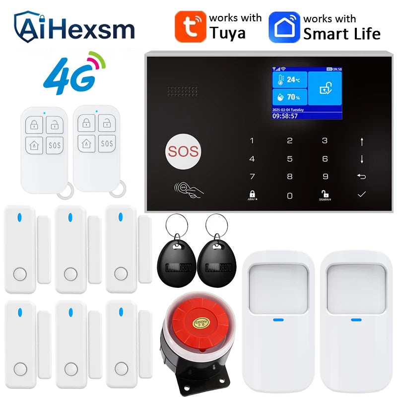 Home 4G GSM Alarm Security System 433MHz Wireless 2.4G WIFI Smart Alarm Kit Works with TUYA Smart Life APP Compatible with Alexa