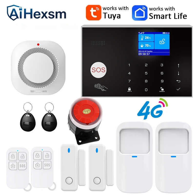 Home 4G GSM Alarm Security System 433MHz Wireless 2.4G WIFI Smart Alarm Kit Works with TUYA Smart Life APP Compatible with Alexa
